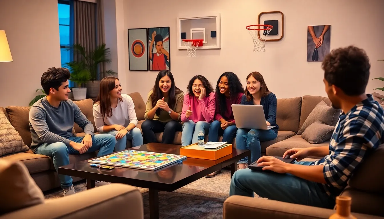 teenagers playing board games and video games in a modern living room.