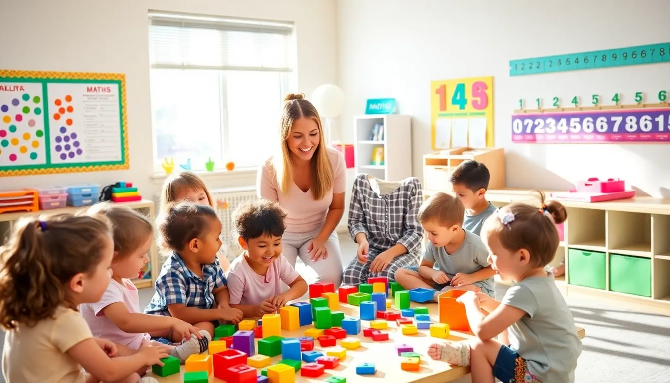 diverse children learning math in a colorful preschool classroom.
