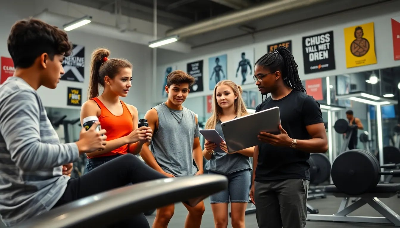 teenagers discussing fitness and creatine supplementation in a gym.