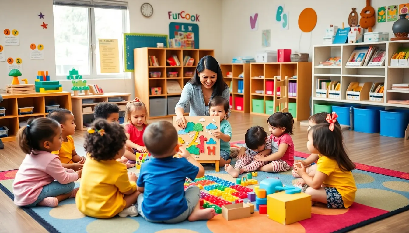 diverse preschool classroom with children playing and a teacher assisting.