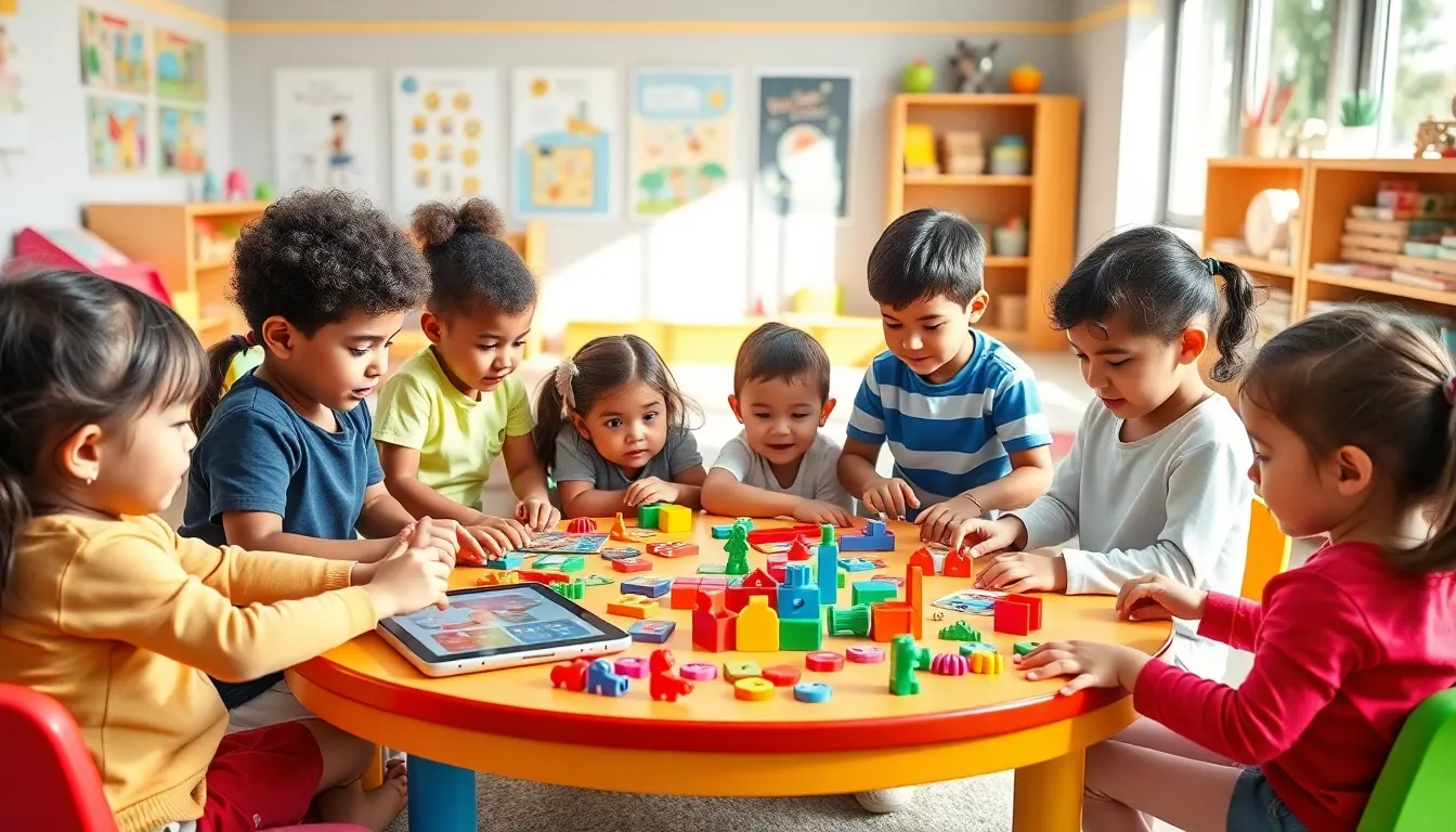 diverse preschoolers engaging with colorful learning manipulatives.