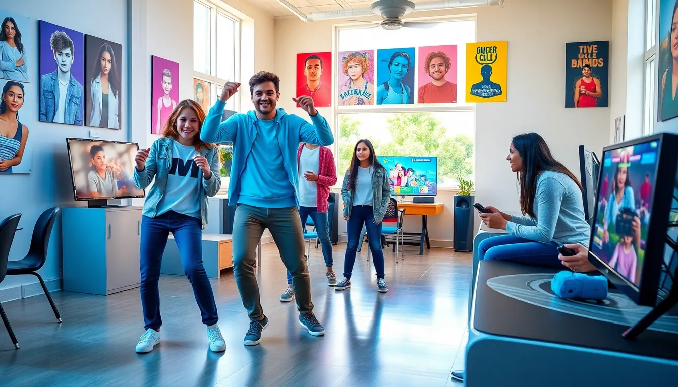 diverse teenagers engaging in popular activities in a modern setting.