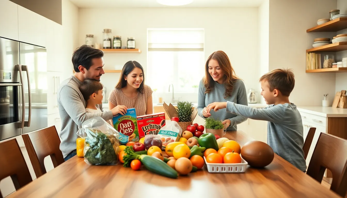 family of four discussing groceries in a warm kitchen.